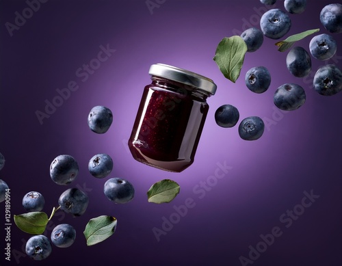 Fotografía de estudio profesional Un tarro de mermelada de arandanos está suspendido en el aire, rodeado de arandanos voladoras y visrutas de arandanos, sobre un fondo morado oscuro, con un estilo min photo