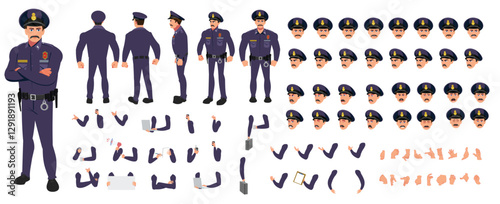 
Police Officer Character Design Model Sheet. Man, Character design. Front, side, back view and explainer animation poses. Character set with lip sync and Walk cycle animation sequences.
