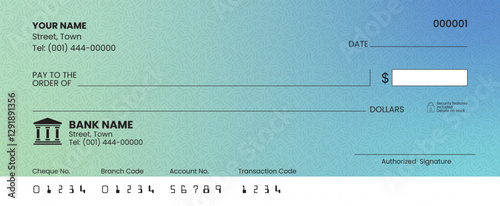 Blank check template, bank cheque vector, customizable design, printable layout, financial document illustration.