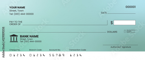 Blank check template, bank cheque vector, customizable design, printable layout, financial document illustration.