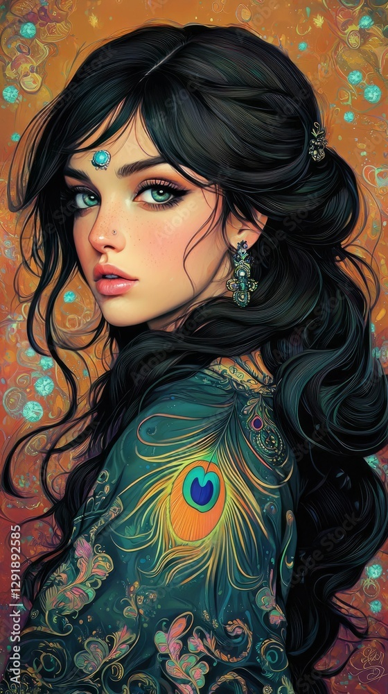 Enchanting Dark-Haired Woman with Peacock Feather Detail in Fantasy Art Enchanting Dark-Haired Woman with Peacock Feather Detail in Fantasy Art