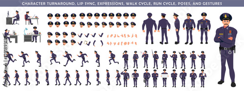 
Police Officer Character Design Model Sheet. Man, Character design. Front, side, back view and explainer animation poses. Character set with lip sync and Walk cycle animation sequences.
