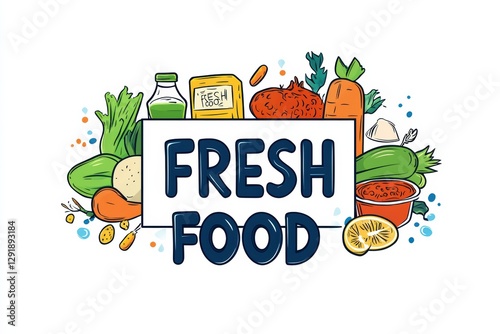 Fresh food logo showcasing diverse farm products with vibrant colors and playful design elements photo