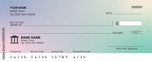 Blank check template, bank cheque vector, customizable design, printable layout.
