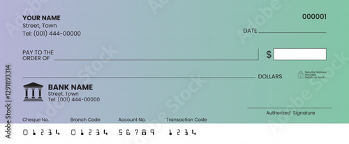 Blank check template, bank cheque vector, customizable design, printable layout, financial document illustration.