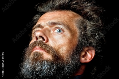 Man with striking blue eye gazes thoughtfully upward while showcasing a full beard and tousled hair in dramatic lighting