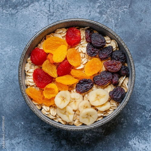 Healthy bowl of oats topped with colorful dried fruits and fresh banana slices in a grey setting