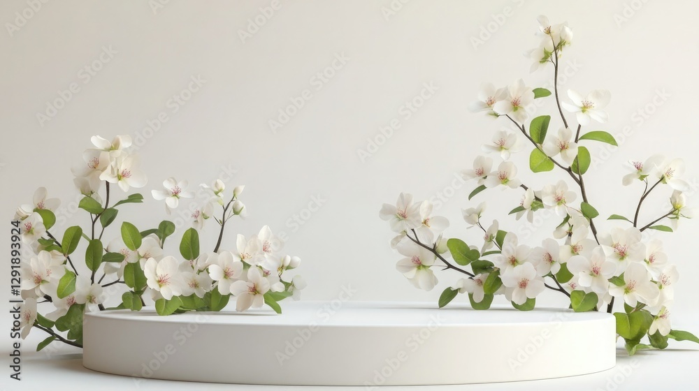 Fototapeta premium 3D Podium with Spring Floral and Green Leaves in a Minimalist Style