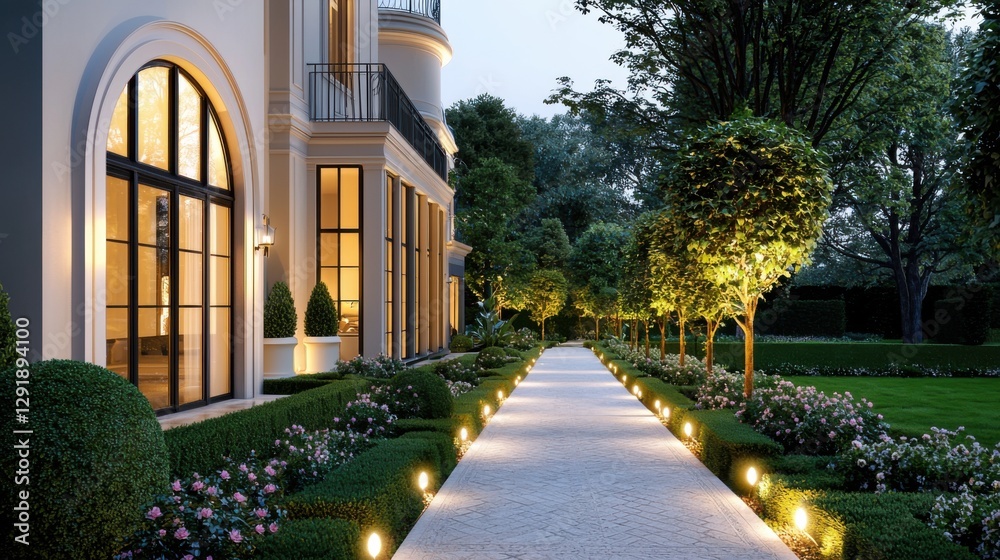 A luxurious garden pathway illuminated by soft LED lights, winding through sculpted evergreen shrubs, ornamental grasses, and vibrant rose bushes A luxurious garden pathway illuminated by soft LED lights, winding through sculpted evergreen shrubs, ornamental grasses, and vibrant rose bushes