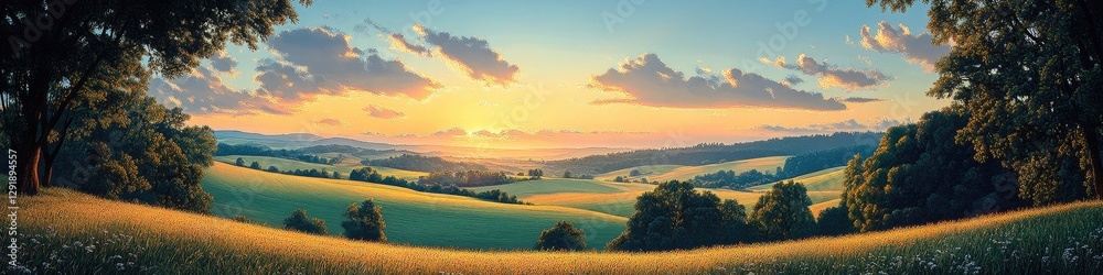 Cows graze peacefully in a green pasture surrounded by trees, Red barn sits on rolling hills in a peaceful countryside, with cows grazing nearby. blue sky surrounded by lush green fields. Cows graze peacefully in a green pasture surrounded by trees, Red barn sits on rolling hills in a peaceful countryside, with cows grazing nearby. blue sky surrounded by lush green fields.
