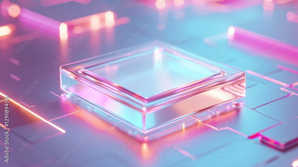 A minimalist transparent chip floating on a solid surface, processing glowing data streams, symbolizing AI technology, with space for text A minimalist transparent chip floating on a solid surface, processing glowing data streams, symbolizing AI technology, with space for text