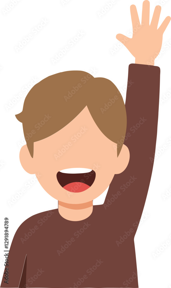 Happy boy waving with a joyful expression in a minimalist flat design style, engaging in cheerful interaction, vector illustration