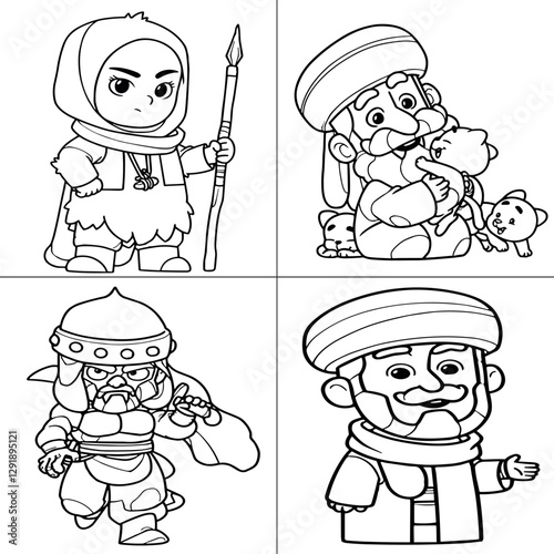 Black and White Outline Drawing of Middle Eastern Historical and Fantasy Characters