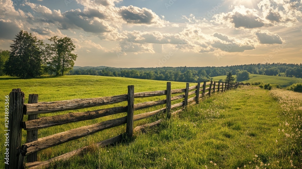 Rustic farm fence with a scenic countryside background. Rustic farm fence with a scenic countryside background.