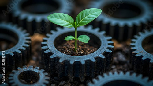Growing plant amidst gears