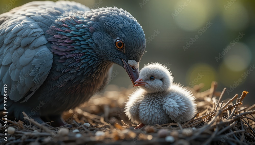 Fototapeta premium pigeon feeding its tiny, helpless chick near their nest
