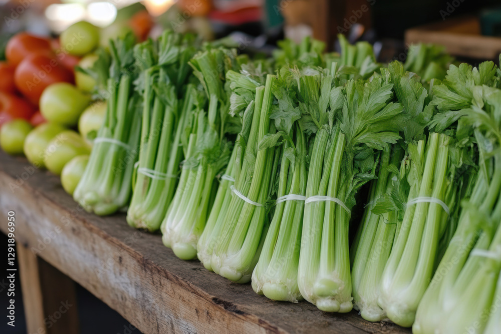 Single Celery Stalk on a Wooden Surface Single Celery Stalk on a Wooden Surface