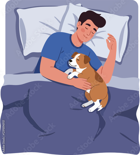 A young man peacefully sleeping in bed with a cute puppy, showcasing a flat style vector illustration of warmth and companionship