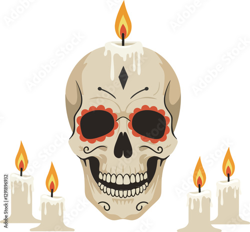 A detailed skull adorned with colorful flowers surrounded by lit candles in a minimalistic flat vector illustration reflecting a mystical and eerie atmosphere