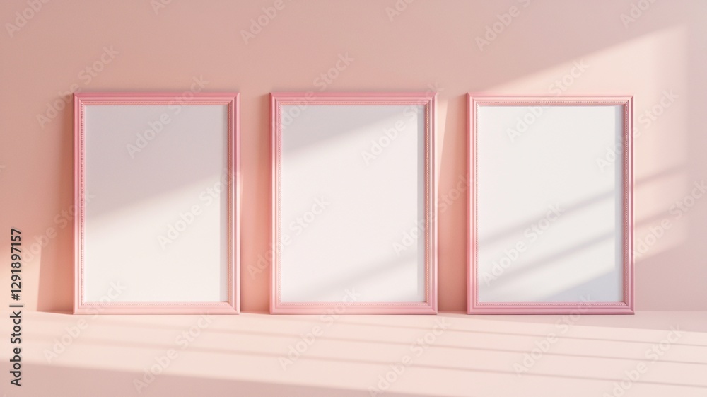 Mockup of three white empty paintings in a thin pink frame standing on the floor.
