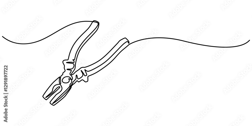 Obraz premium Construction wire cutters, pliers, vise grip, swagers one line art, Continuous one line drawing of pliers- engineer equipment. pliers in single line draw illustration. Editable stroke, pliers outline.
