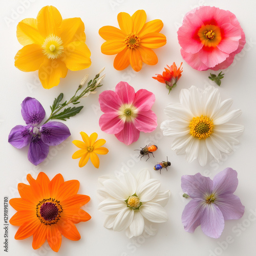 Bright and colorful flowers arranged in flat lay, showcasing nature beauty and pollination
