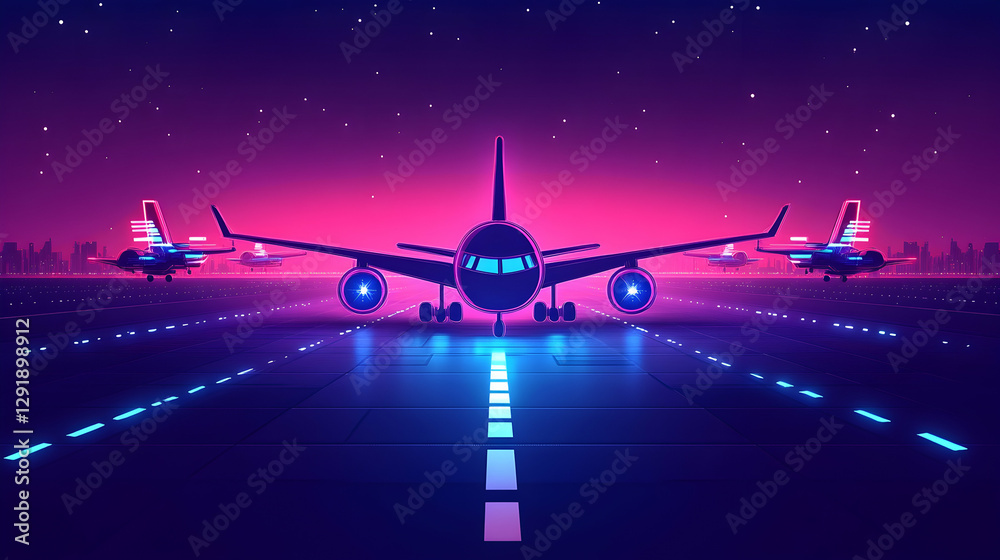Neon-lit planes on runway at night Neon-lit planes on runway at night