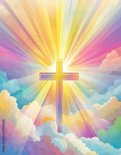 Glowing cross in radiant sky with heavenly light and soft clouds