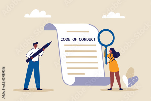 Code of conduct, ethical policy or rules, regulation or principles guideline for work responsibility, compliance document or company standard concept, businessman writing code of conduct document.