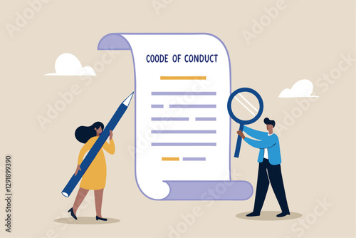 Code of conduct, ethical policy or rules, regulation or principles guideline for work responsibility, compliance document or company standard concept, businessman writing code of conduct document.