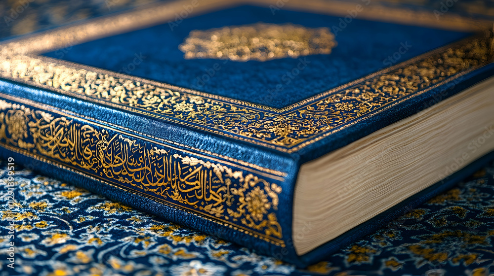 Ornate blue Quran on a patterned cloth Ornate blue Quran on a patterned cloth