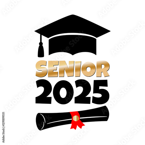Vector illustration of Senior 2025 with graduation cap and diploma scroll on white background. Academic black hat with a tassel and a university diploma with quote senior 2025.