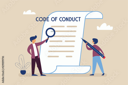 Code of conduct, ethical policy or rules, regulation or principles guideline for work responsibility, compliance document or company standard concept, businessman writing code of conduct document.