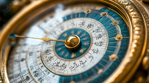 Ornate Islamic prayer time clock detail