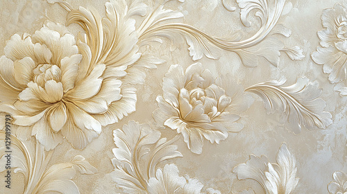 Luxurious gold and white floral wallpaper with embossing