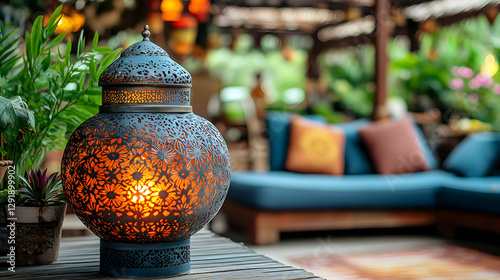 Ornate Lantern on Wooden Table, Tropical Patio