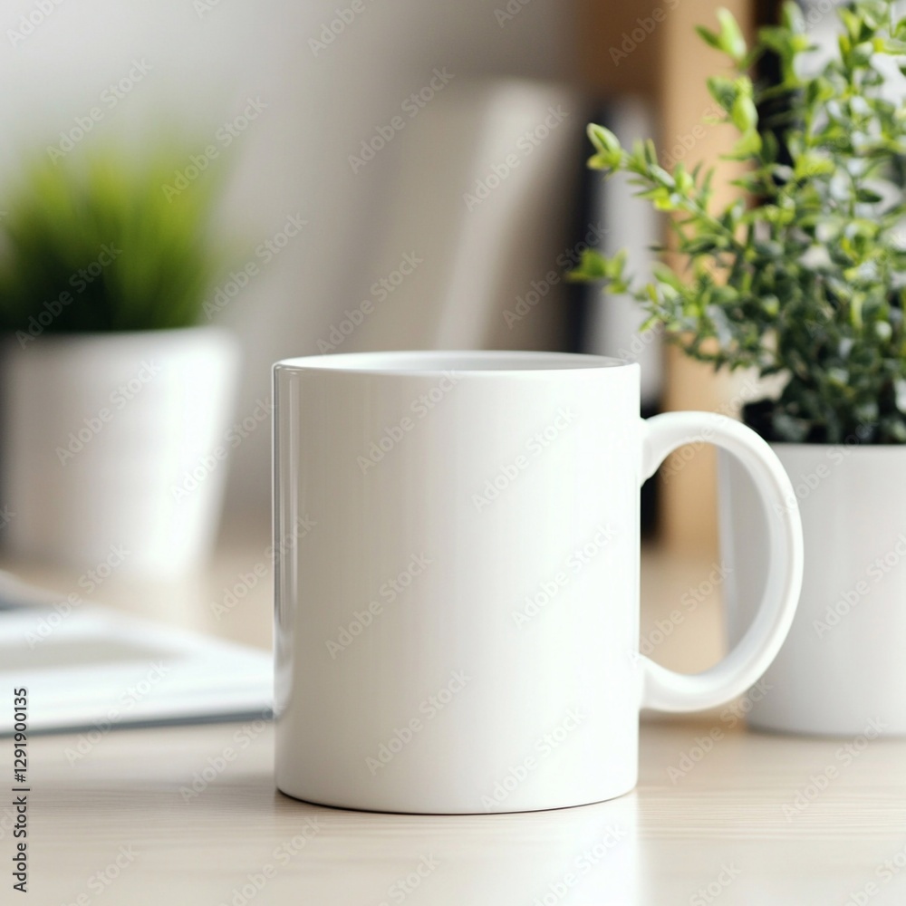 Mockup of a white ceramic mug standing on a white table, spring time.
Mockup of a white ceramic mug standing on a white table, spring time.