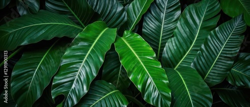 Lush Green Tropical Leaves Background Illuminated by Natural Light