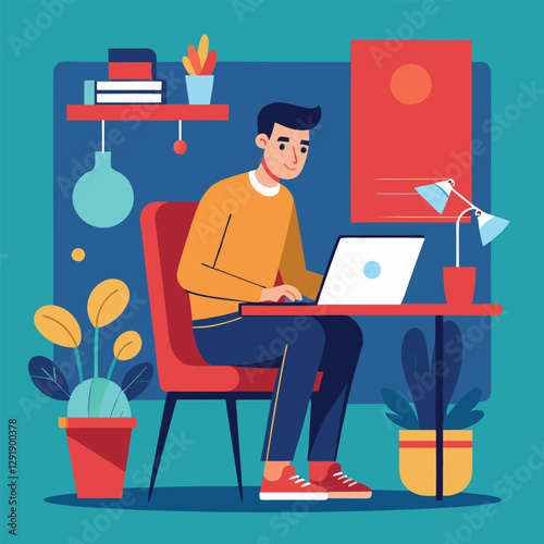 a boy is using his laptop vector	