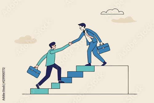 Business mentor or leadership help colleague to succeed and reach goal achieve target, mentorship, support or help career success, businessman leader help employee climb to target at top of stair.