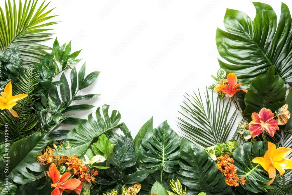 Fototapeta premium composition of various lush green tropical plants isolated on white 