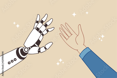 Working together with AI Artificial Intelligence, human cooperate with machine or robot, AI help or support coworker, assistance or partnership concept, businessman hand high five with robot hand.