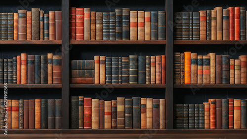 Vintage library with wooden bookshelves filled with various old books, showcasing rich collection of literature in different colors and bindings