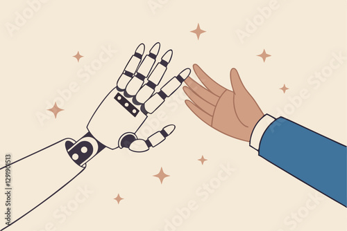 Working together with AI Artificial Intelligence, human cooperate with machine or robot, AI help or support coworker, assistance or partnership concept, businessman hand high five with robot hand.