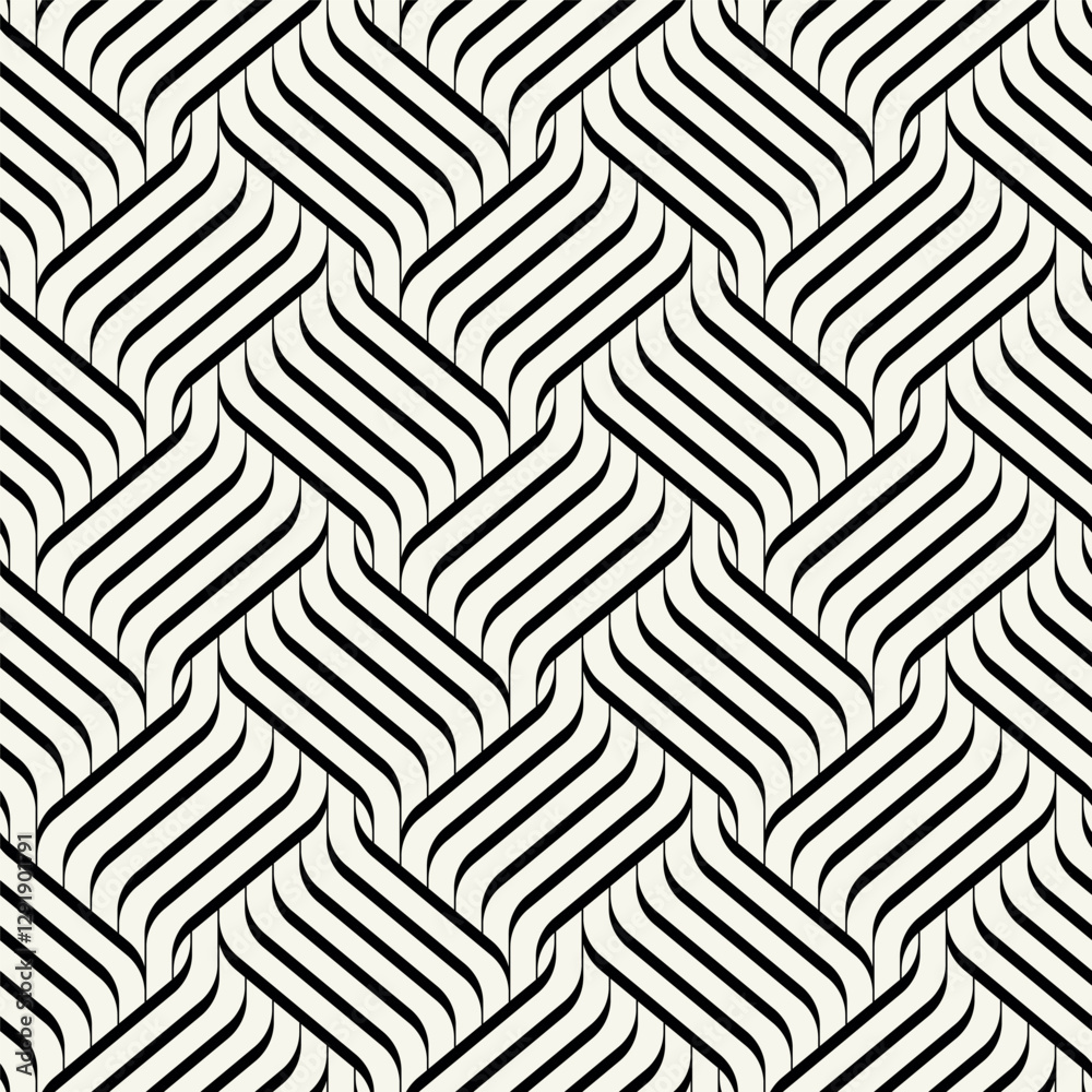 Fototapeta premium Seamless pattern with geometric waves. Endless stylish texture. Ripple monochrome background. Linear weaved grid. Bold interlaced swatch.