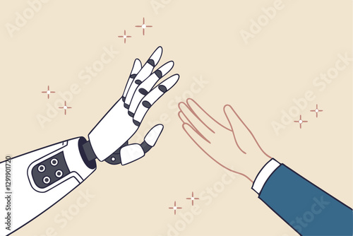 Working together with AI Artificial Intelligence, human cooperate with machine or robot, AI help or support coworker, assistance or partnership concept, businessman hand high five with robot hand.