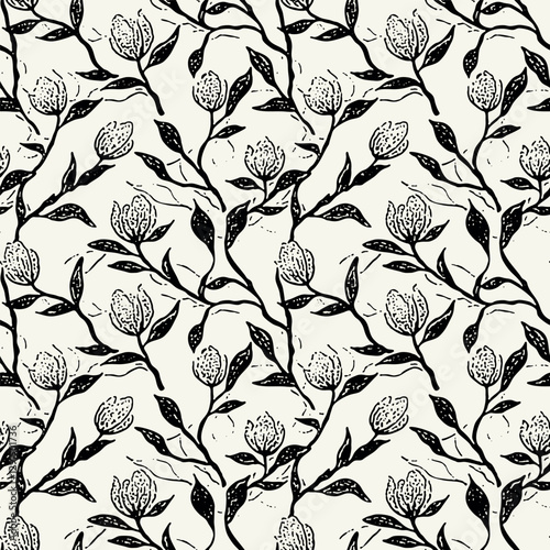 Vector seamless pattern. Floral stylish background. Thin silhouette of graphic branches with round berries.	