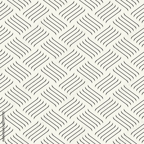 Seamless pattern with geometric waves. Endless stylish texture. Ripple monochrome background. Linear weaved grid. Bold interlaced swatch.