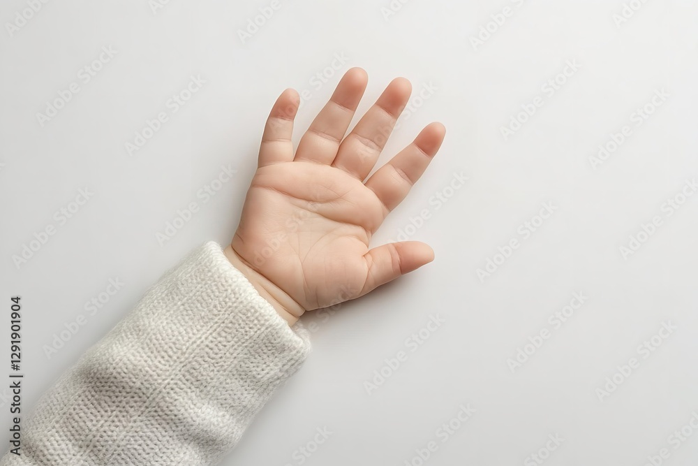 Naklejka premium Close-up of a baby’s open palm isolated on a white background with copy space for design