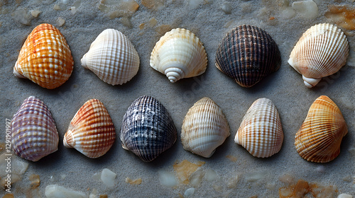 Seashells arranged on textured surface